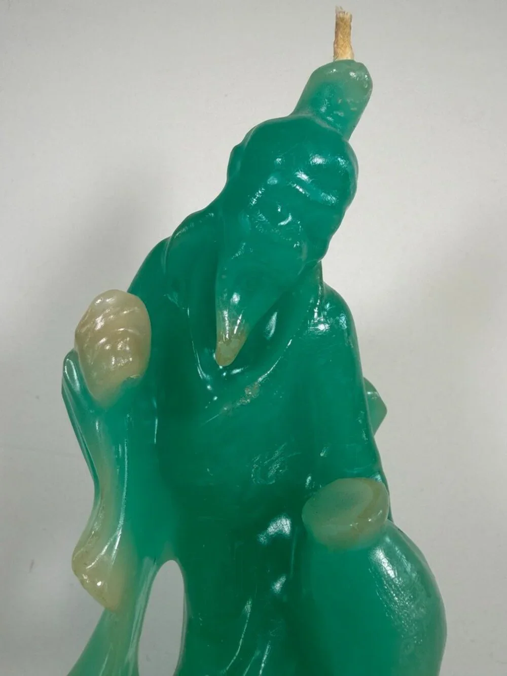 Mid Century Faux Jade Green Wax Chinese Immortal Figural Candle Vintage